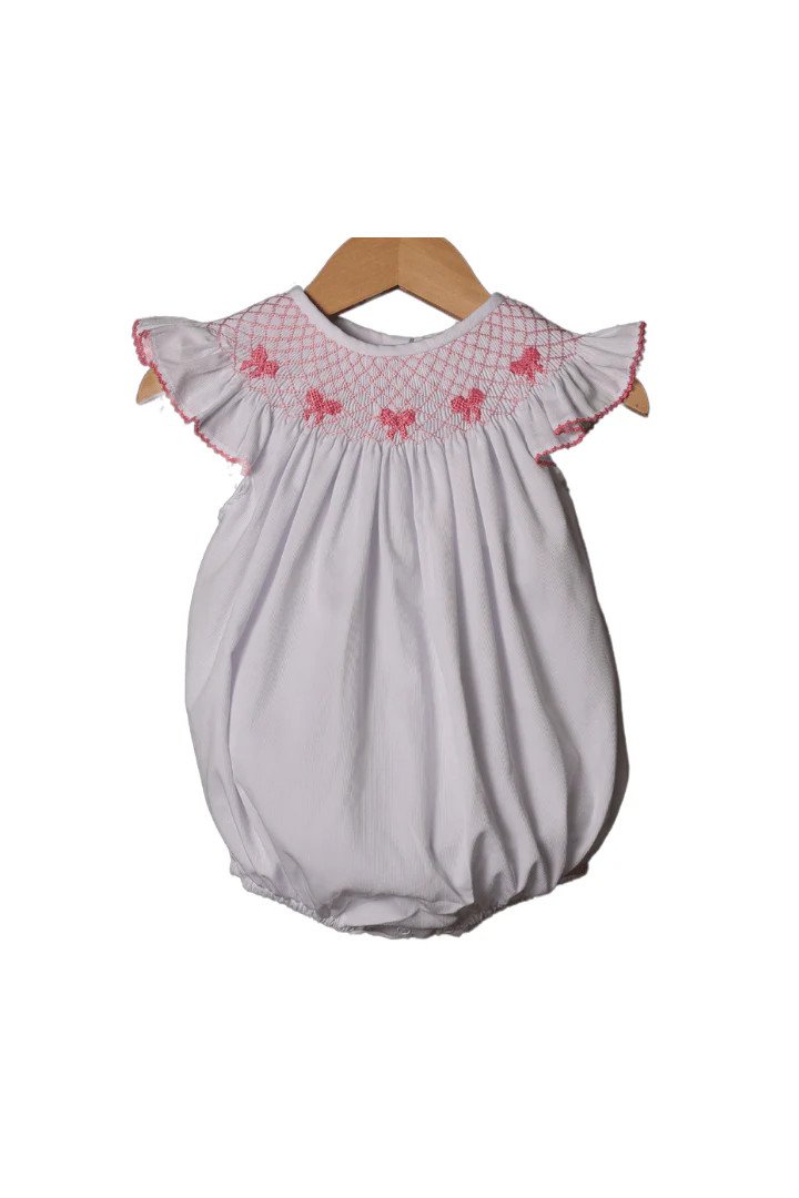 Smocked Heirloom Pink Bow White Pique Bubble | The Smocked Flamingo