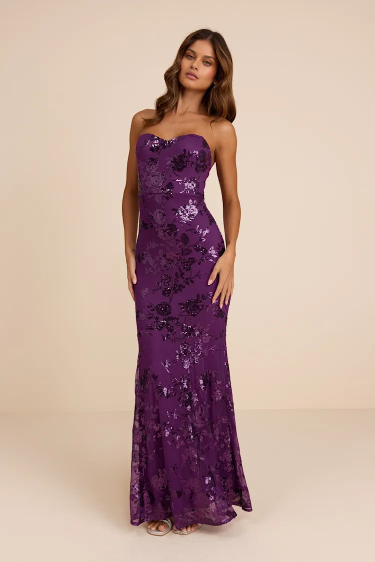 Mayley Purple Sequin Strapless Maxi Dress | Lulus