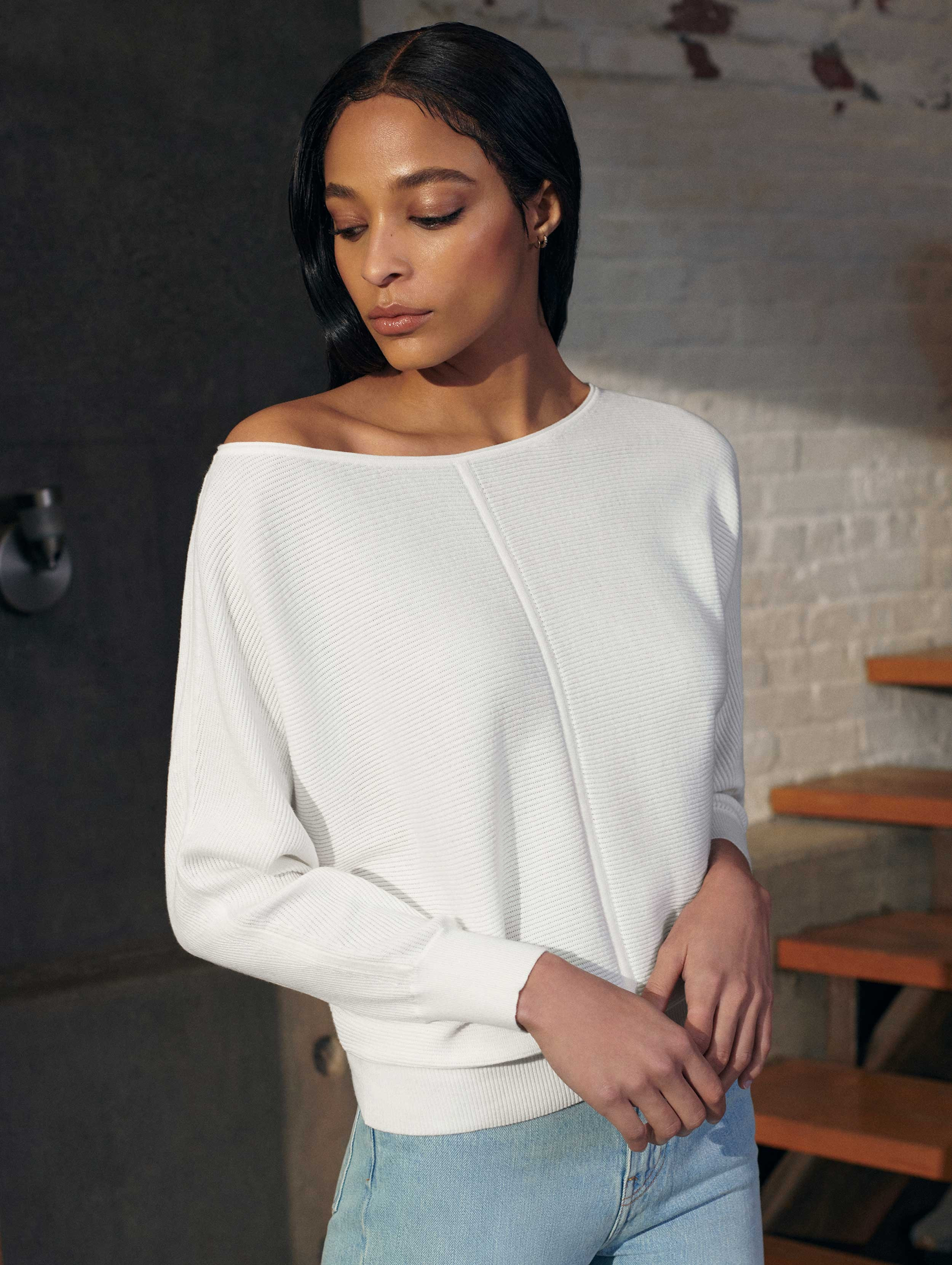 White + Warren Cotton Off The Shoulder Top size Medium Cotton/Polyester | White and Warren