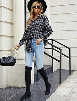 Blooming Jelly Women's Button Down Flannel Shirts Plaid Shacket Long Sleeve Collared Business Cas... | Amazon (US)