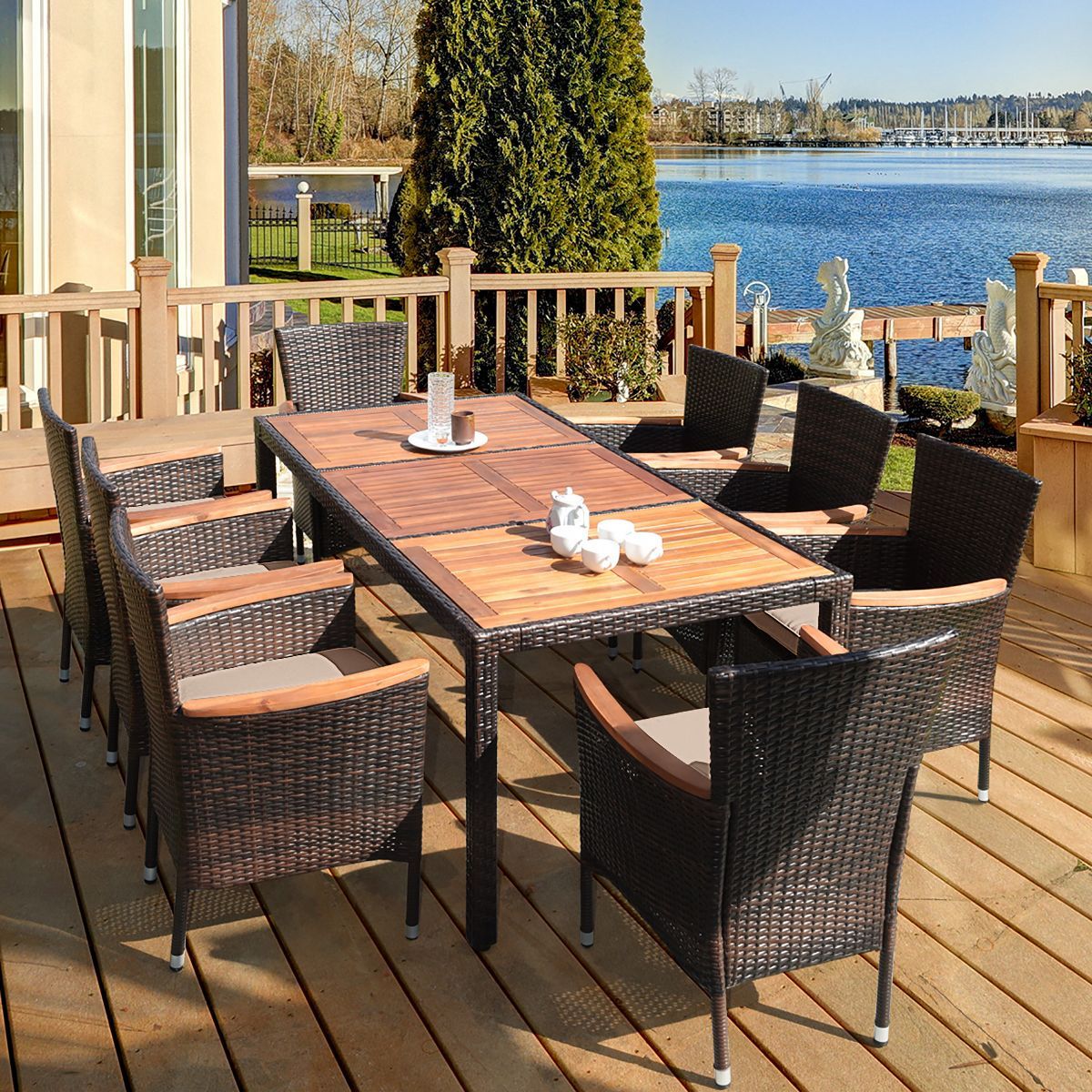 Costway 9PCS Patio Rattan Dining Set  8 Chairs Cushioned Acacia Table Top | Target