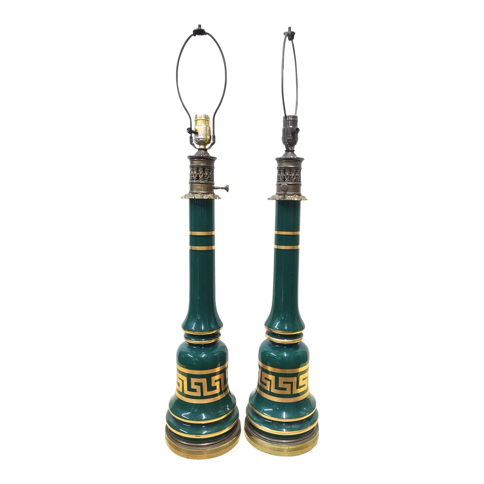 Vintage American Baluster Tall Slim Emerald Green Gold Greek Key Glass Table Lamps- a Pair | Chairish