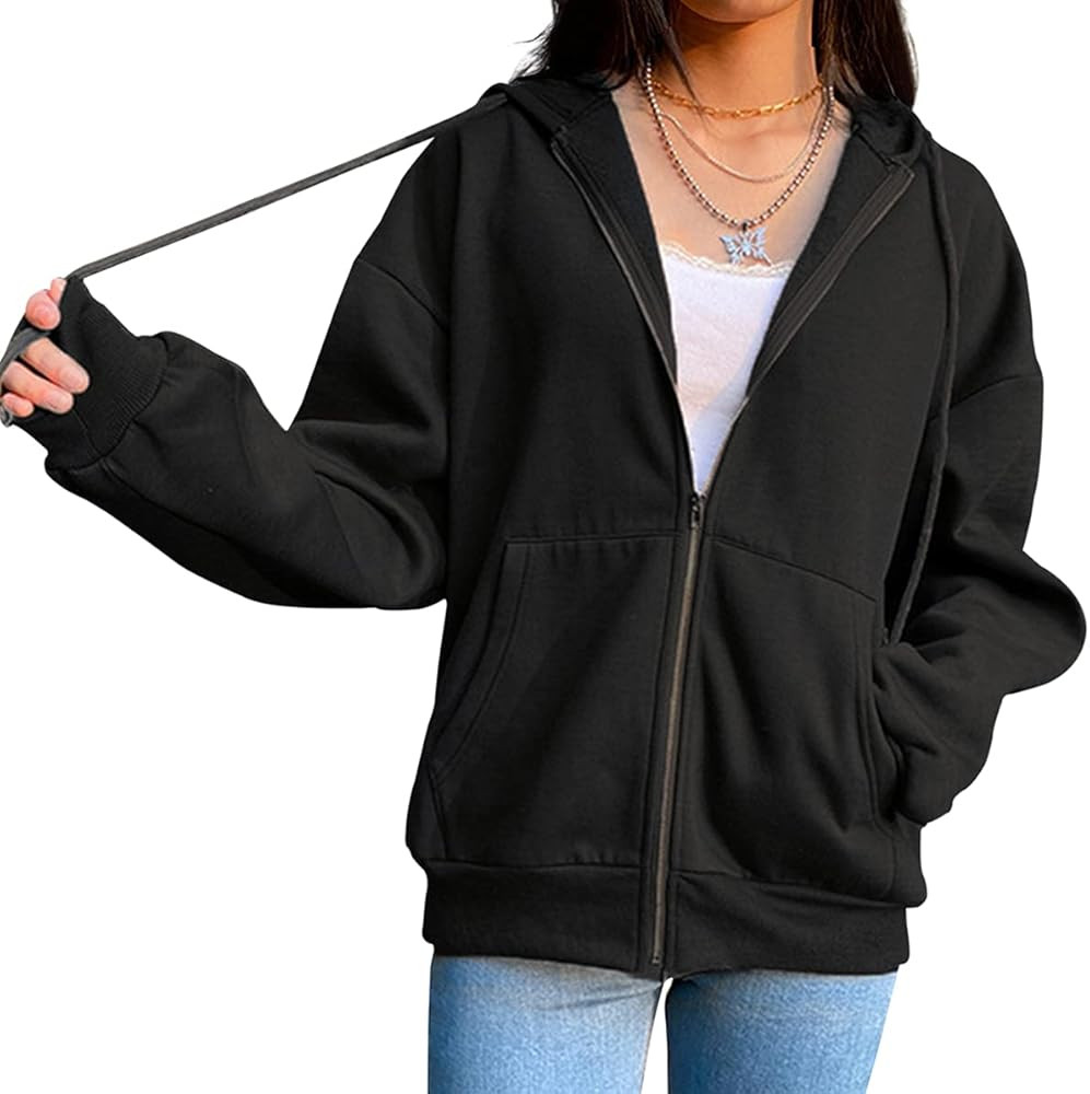 Meladyan Women Y2K Aesthetic Oversized Zip Up Hoodie Solid Fleece Long Sleeve Kangaroo Pocket Sweats | Amazon (US)