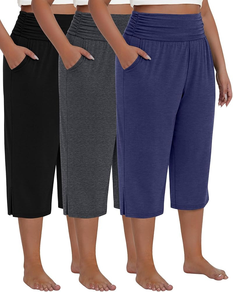 Neer 3 Pack Women's Plus Size Cotton Capri Pants High Waisted Wide Leg Loose Lounge Yoga Cropped ... | Amazon (US)