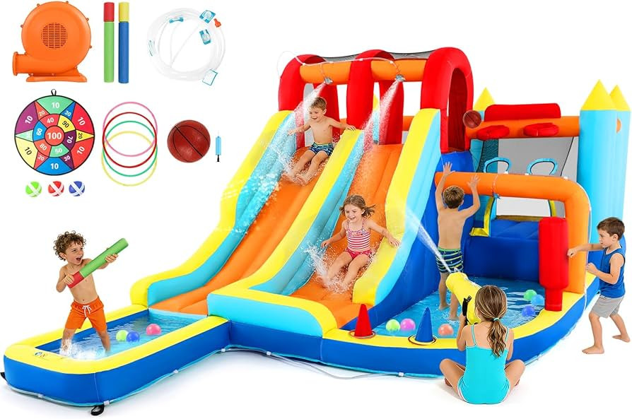 JOYLDIAS Inflatable Water Slide Park, Giant Bounce House with 450W Blower, Climbing Wall, Dual Ba... | Amazon (US)