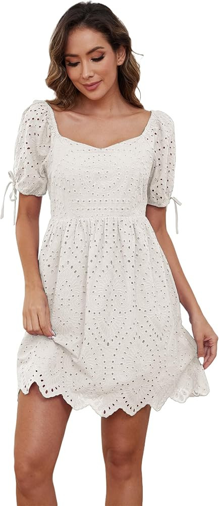 Womens Eyelet Embroidery Mini Dress Summer Tie Puff Short Sleeve Square Neck Backless Ruffle Shor... | Amazon (US)
