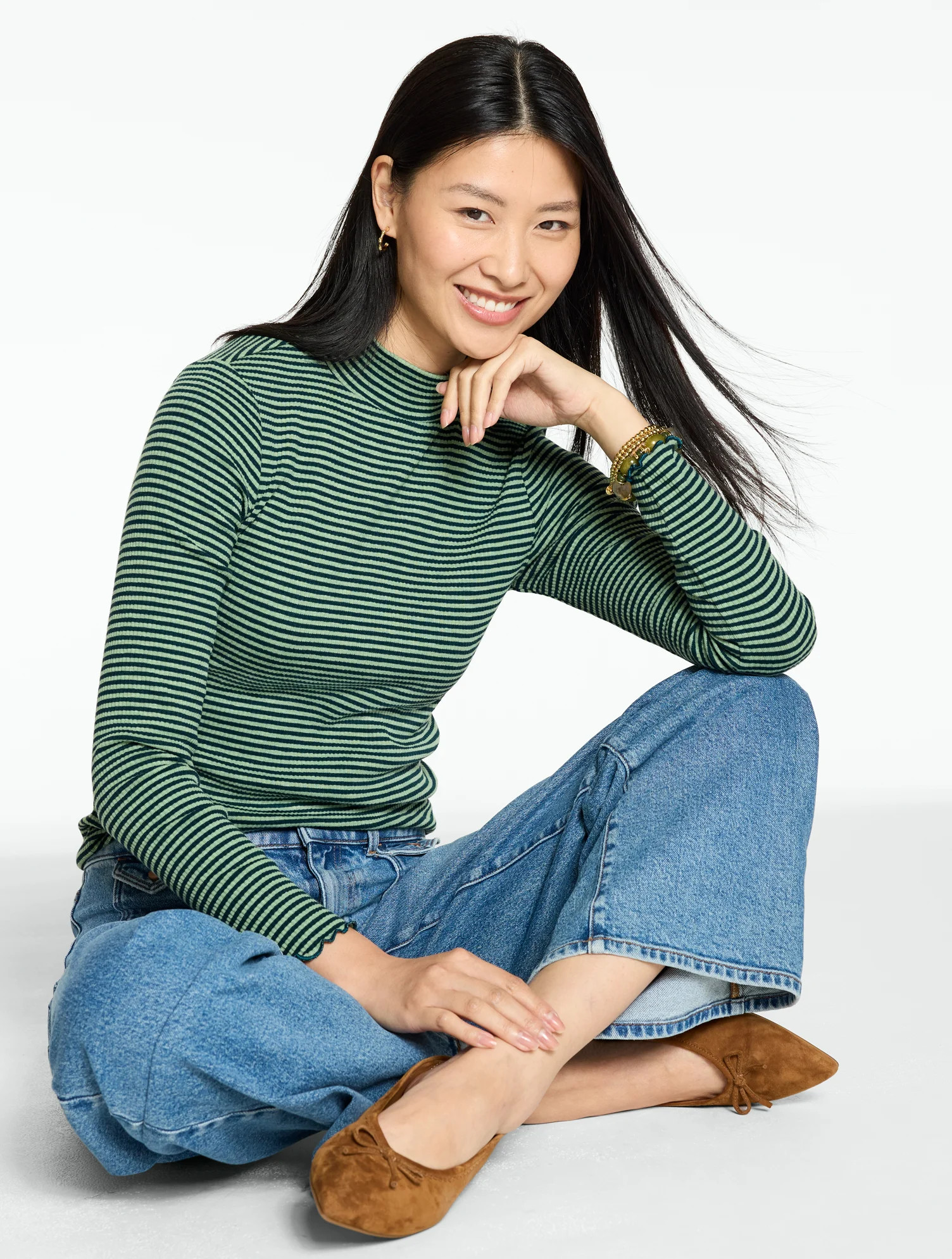 Plus Size - Ribbed Mockneck T-Shirt - Greenwich Stripe - Spruce Green/Loden Frost - 3X Talbots | Talbots