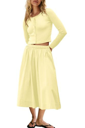 Panadila Womens 2 Piece Lounge Sets Matching Vacation Outfits Ribbed Button Down Cardigan and Elastic Waist Skirt Sets (Light Yellow,L) | Amazon (US)