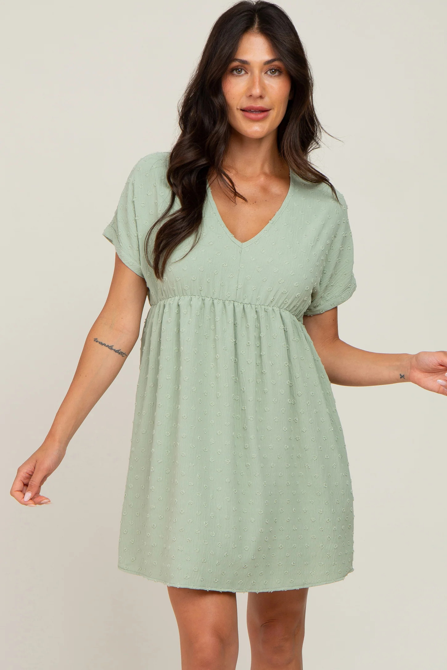 Light Green Swiss Dot V-Neck Dress | PinkBlush Maternity