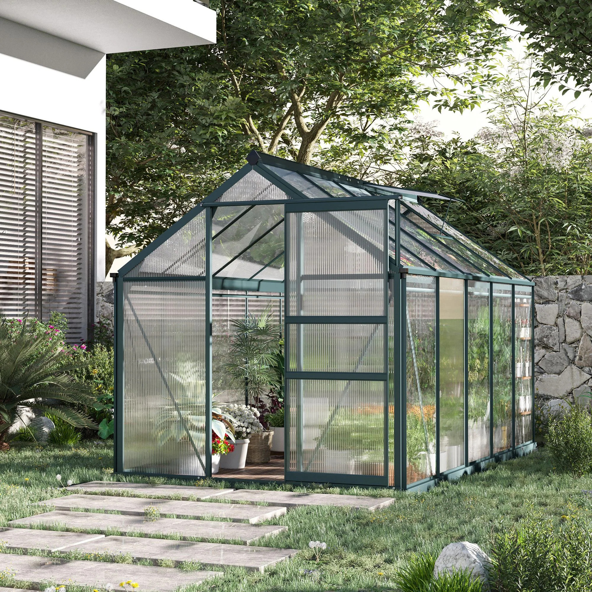 Outsunny Polycarbonate Walk-In Greenhouse with Rooftop Vent & UV-Resistant Walls | Bed Bath & Beyond
