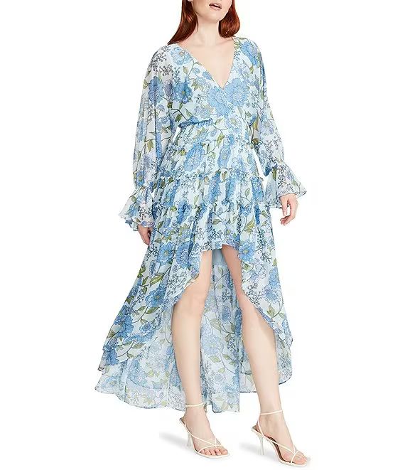 Sol Crinkle Chiffon Floral Print V-Neck Long Sleeve High-Low Maxi Dress | Dillard's