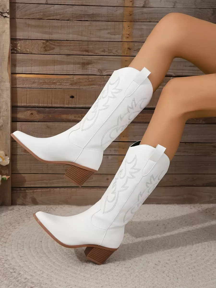 Match With Dress,Women's Western Cowboy Boots, White Fashionable Women's Boots | SHEIN
