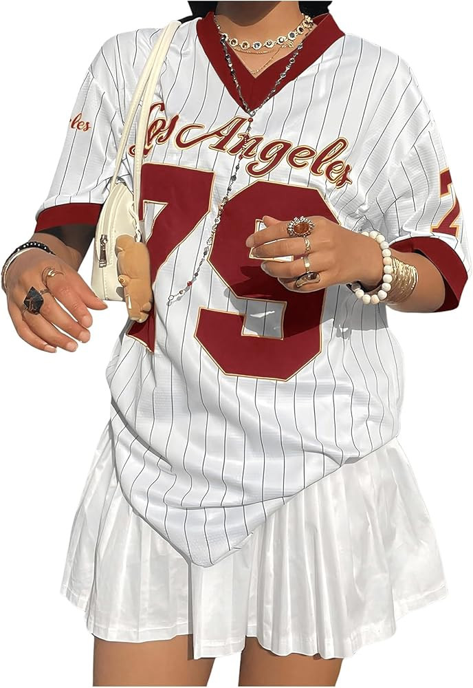 SOLY HUX Jersey Shirts for Women Y2k Oversized T Shirt Striped Number Graphic Tees V Neck Half Sl... | Amazon (US)