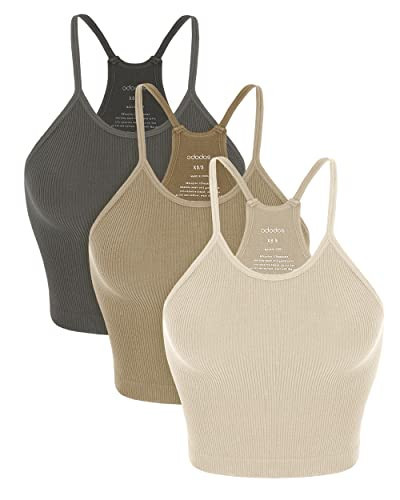 ODODOS Women's Crop 3-Pack Washed Super Soft Lightweight Rib-Knit Camisole Crop Tank Tops, Mushroom Taupe Charcoal, X-Small/Small | Amazon (US)