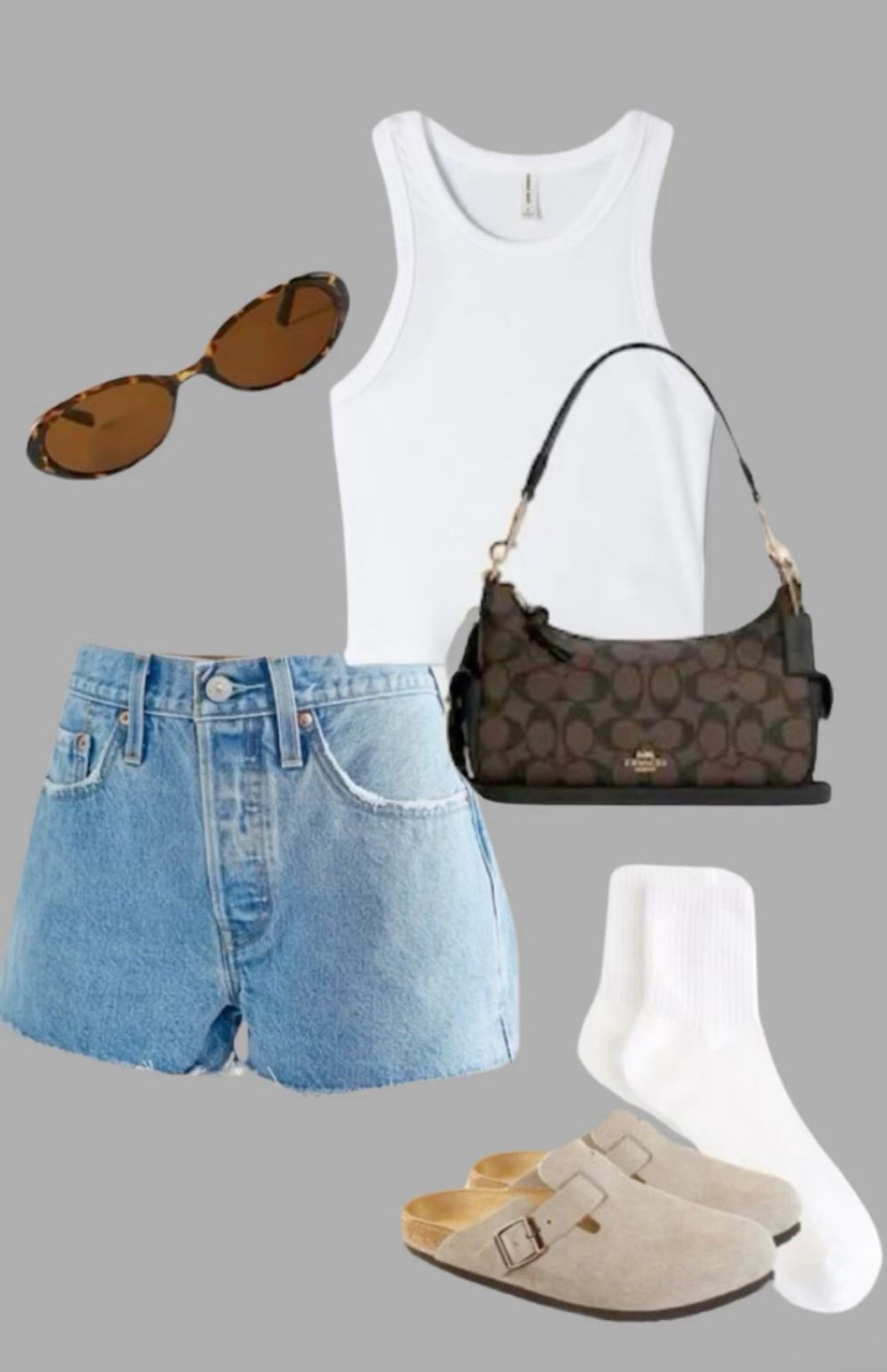 Spring outfit Denim shorts, basics, tank top shirt, Birkenstock, tote bags, sunglasses, claw clips, summer outfits, summer style 2026, cute outfit, casual summer