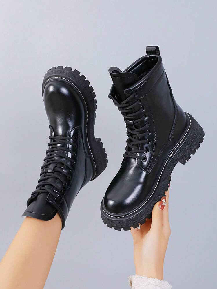 Women's New Leather Patchwork Lace-Up Boots, 5cm Thick Sole Flat Platform Mid-Calf Fashionable Bo... | SHEIN