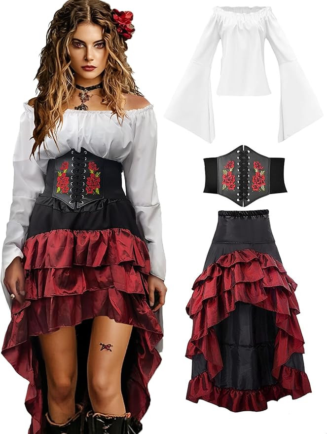 Verceco Pirate Costume Women Outfit with Renaissance Pirate Shirt Skirt Corset Waist Belt Womens ... | Amazon (US)