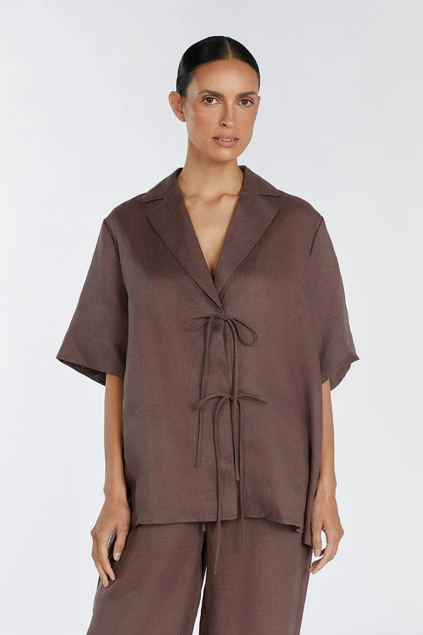 EMELIA CHOCOLATE LINEN WRAP SHIRT | DISSH