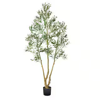7 ft. Artificial Olive Tree with Black Pot, Tall Fake Tree with Natural Wood Trunk and Realistic ... | The Home Depot