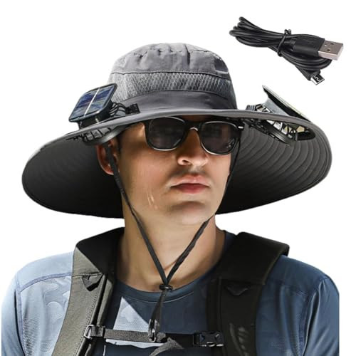 Solar Fan Hat, Wide Brim Sun Hat with 2 Solar Fan, Hat with Solar Fans Built in, Fishing Hat with Fan for Men, Waterproof Outdoor Hiking Camping Fishing Hat Grey | Amazon (US)
