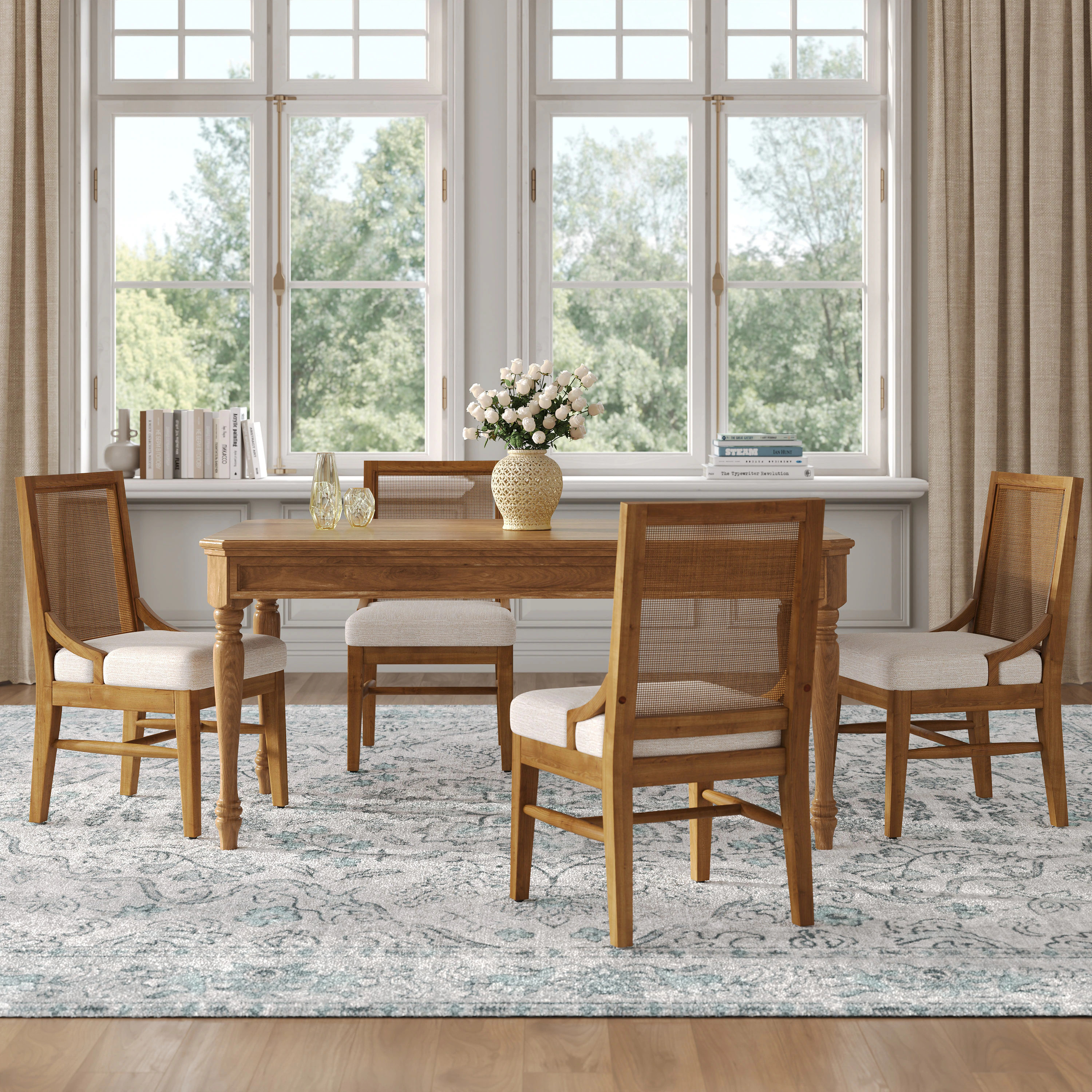 Christopher Knight Home Set of 4 Moultrie Upholstered Dining Chair with Cane Back and Walnut Rubber Wood Legs Beige Walnut one_size | 355780 | Lowe's