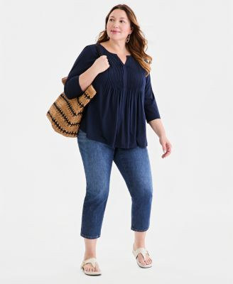 Style & Co Plus Size Pintucked Split-Neck 3/4-Sleeve Top, Macy's Exclusive - Macy's | Macy's