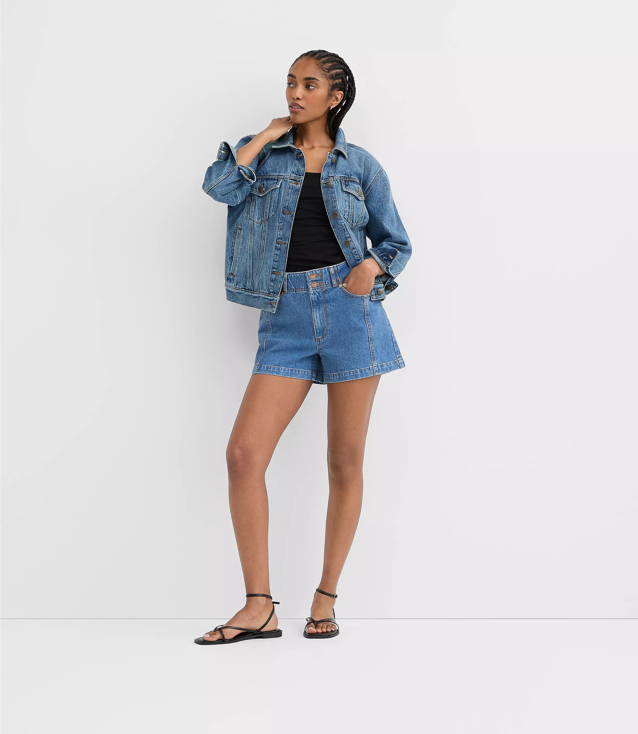 Rivete Seamed High Rise Denim Shorts in Dark Wash | LOFT
