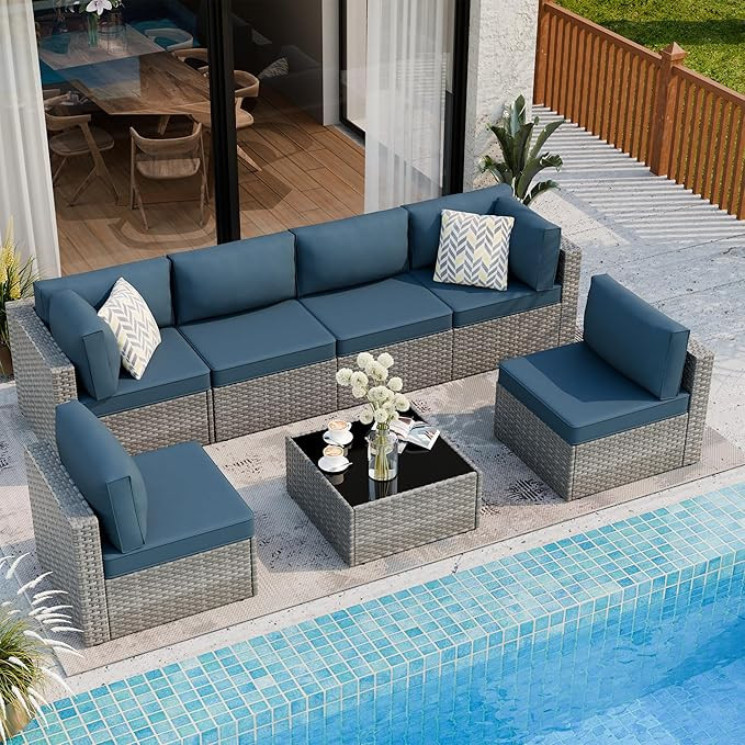 7 Piece Outdoor Patio Furniture Set,Silver PE Rattan Wicker Sectional Sofa, All Weather Conversat... | Amazon (US)