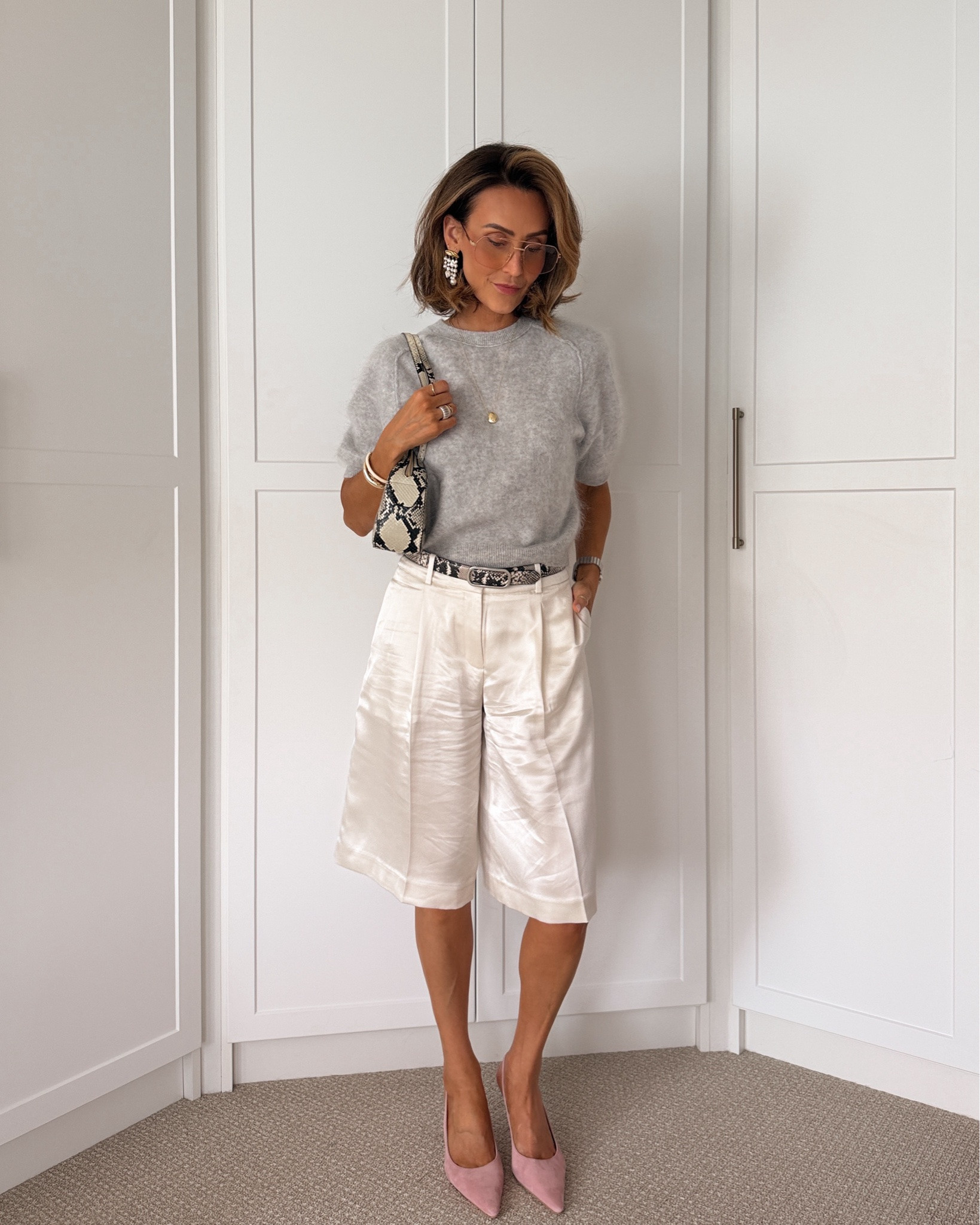 KSD Shorties: church outfit 🩶✨
Paired my cashmere fuzzy sweater with a pair of silk long shorts and loved the driers together! Also loving bolder earrings with the shirt hair. 

Shorts fit very oversized, I’m usually a 2 in this brand pants and went with size 0. Snakeskin belt xs, sweater xs (also fits oversized)

#LTKootd #LTKgrwm #LTKSeasonal