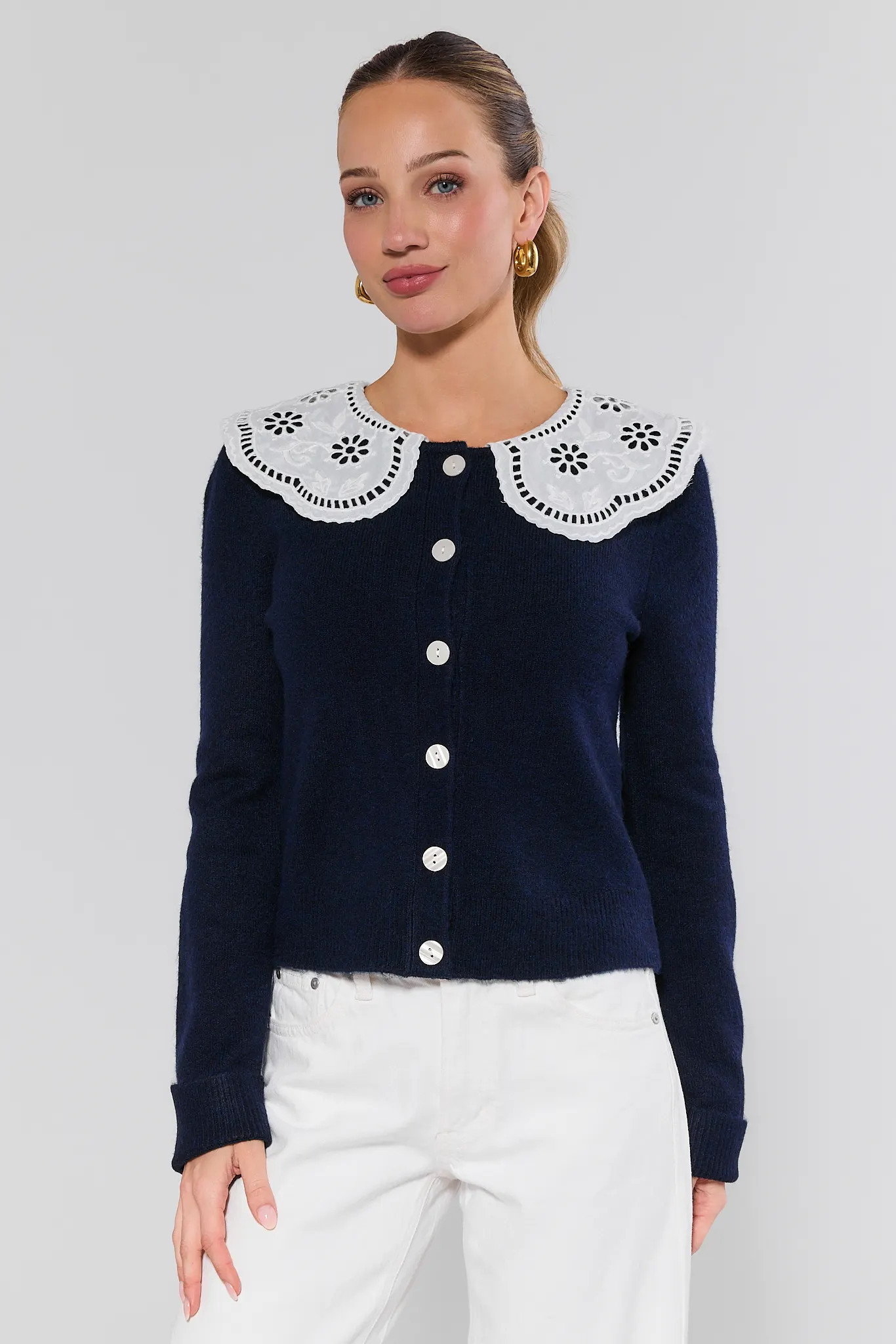 Braelyn Navy Eyelet Collar Cardigan | Avara
