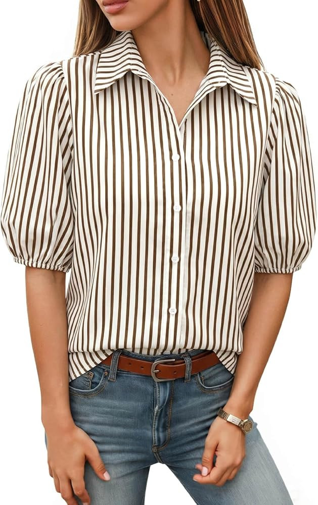 Tankaneo Women's Button Down Shirts Short Puff Sleeve Collared Dressy Casual Blouse Tops | Amazon (US)
