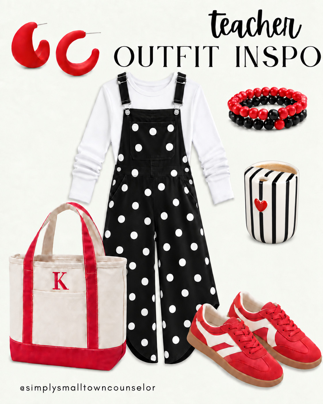 teacher outfit inspo 🖤 Polka dot overalls & a white ribbed top with a fun pop of red! Add sneakers, matching accessories & the cutest striped coffee cup for a comfy classroom look! ❤️ 

 #LTKWorkwear