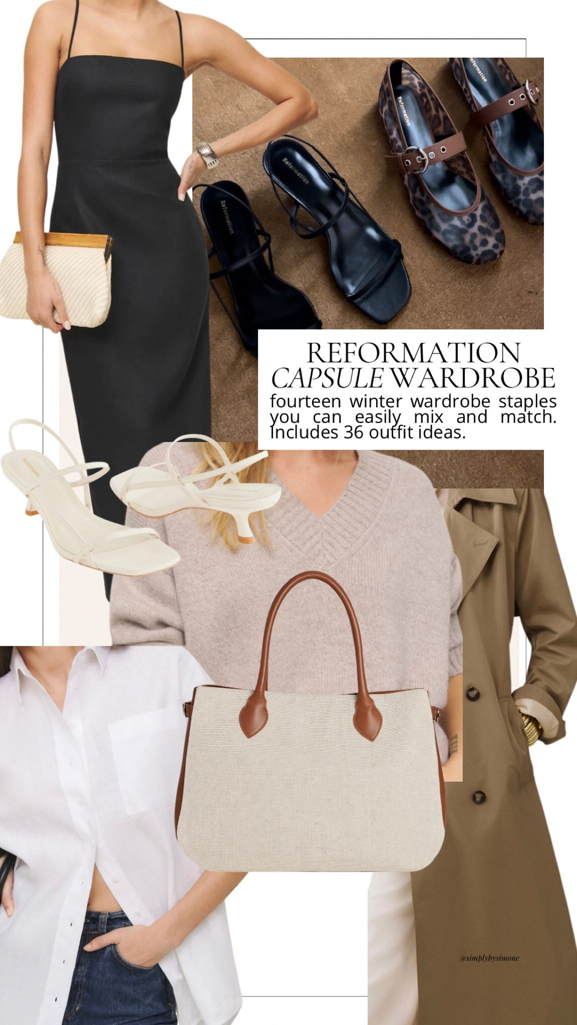 Reformation capsule wardrobe, Winter Capsule Wardrobe Collage, featuring jadey cashmere oversized v-neck sweater, oversized patrizia bag, matteo trench coat, frankie linen dress 