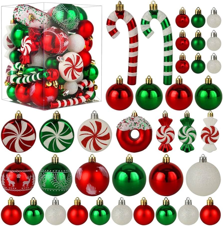 Christmas Tree Ornaments, Green Red White Christmas Ball Ornaments Set of 60 Pack Shatterproof Pl... | Amazon (US)