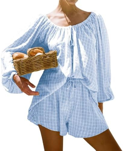 Womens 2 Piece Short Set Oversized Lounge Sets Long Sleeve Top and Shorts Plaid Pajamas Set | Amazon (US)