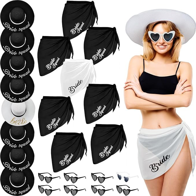 Jiuguva 24 Pcs Bride Cover ups Set Bridesmaid Coverups with Heart Sunglasses Sun Hats Bride Beach... | Amazon (US)