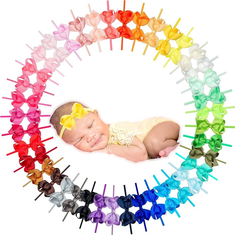 CÉLLOT 40 Colors Baby Bow Headbands 3" Hair Bows Super Soft Nylon Headbands for Baby Girls Infan... | Amazon (US)