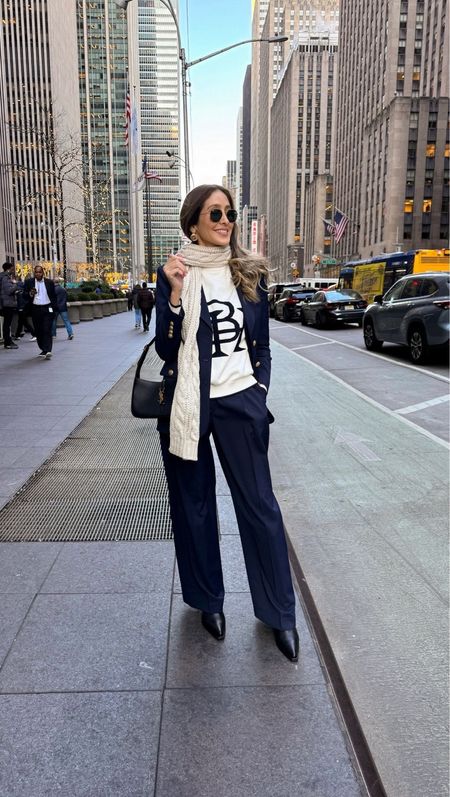 New York chic outfit idea 
Comfortable western boots , navy blue pants, navy blue oversized blazer and sweater 
Wearing a size XS on tops and size small on bottoms 

#LTKworkwear #LTKstyletip #LTKSeasonal