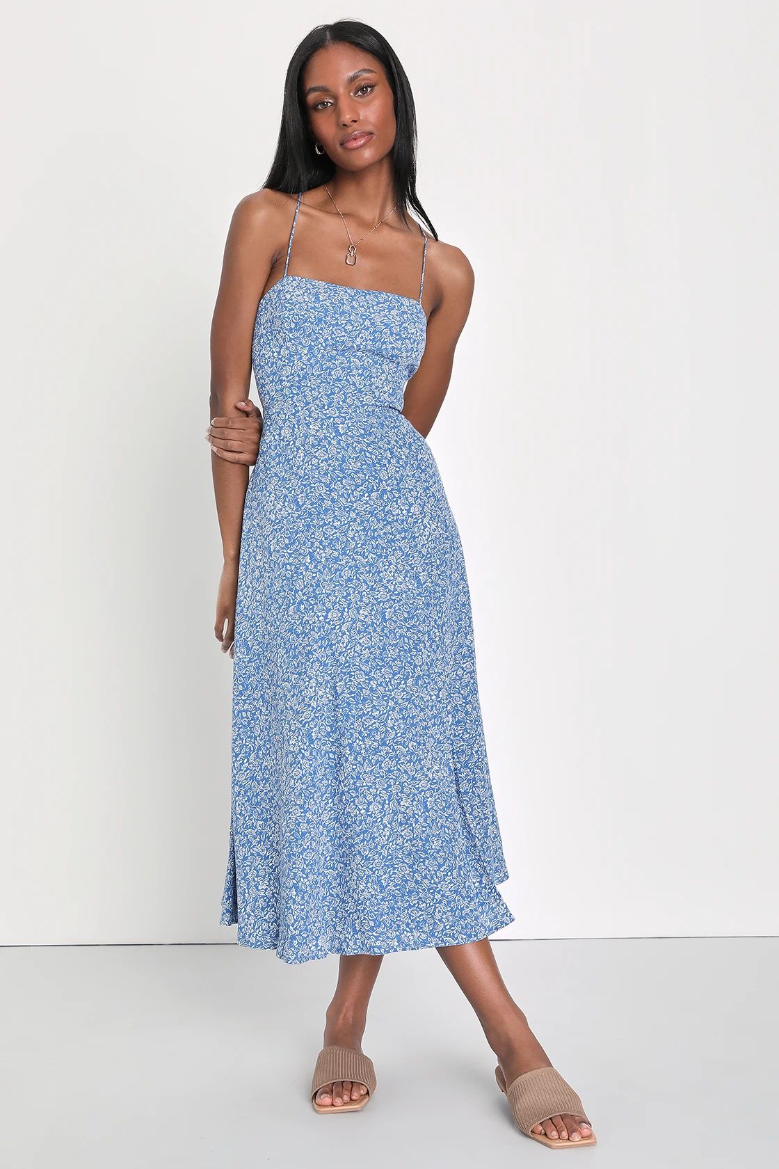 Charming Dedication Blue Floral Sleeveless Lace-Up Midi Dress | Lulus