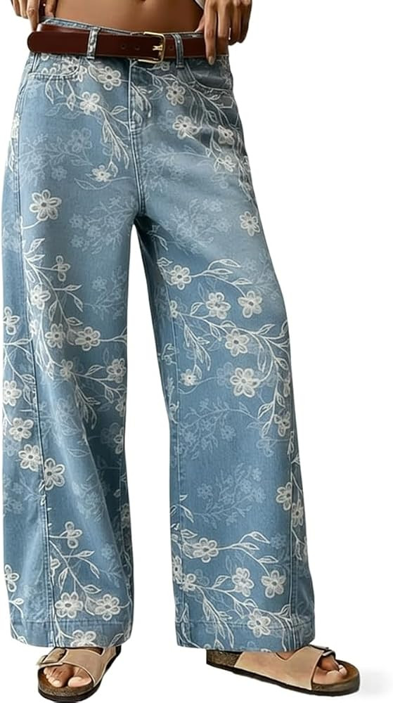 chouyatou Women's Casual Floral Printed Jeans Baggy Y2K Wide Leg Jeans Boyfriend Denim Ankle Pants | Amazon (US)