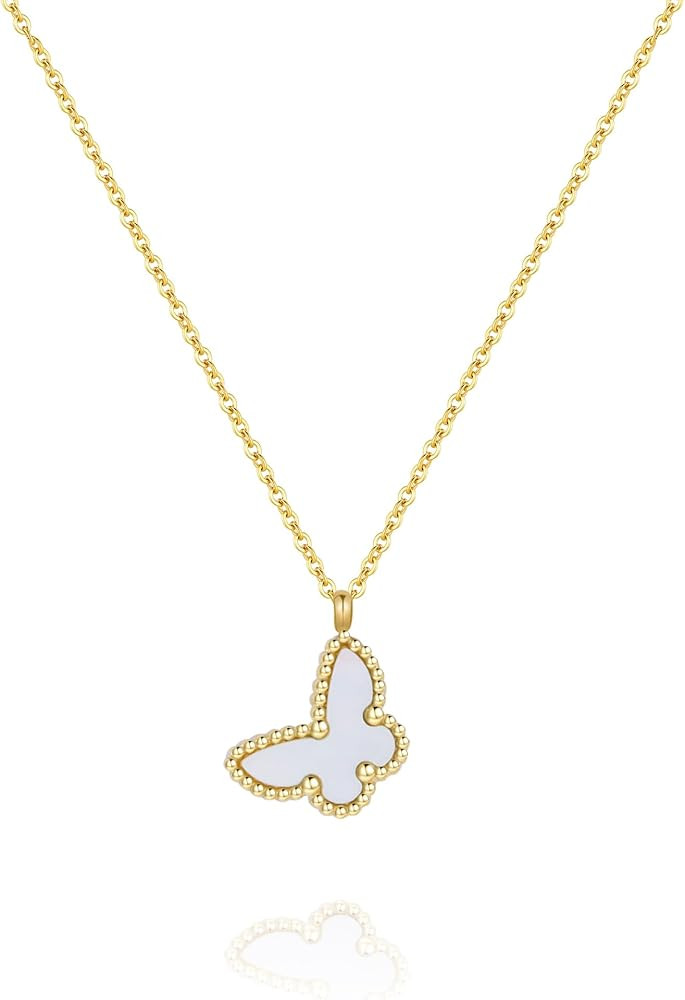 Trendy Butterfly Necklace Bracelet Jewelry Set for Women 18K Gold Plated with Mother of Pearl Mat... | Amazon (US)