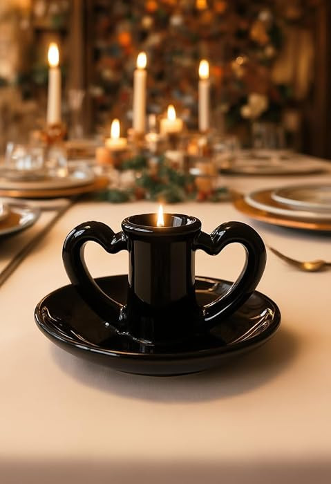 Black Candle Holder Double Heart Shaped Ceramic Candle Holder with Plate Candlestick Holders, Tab... | Amazon (US)
