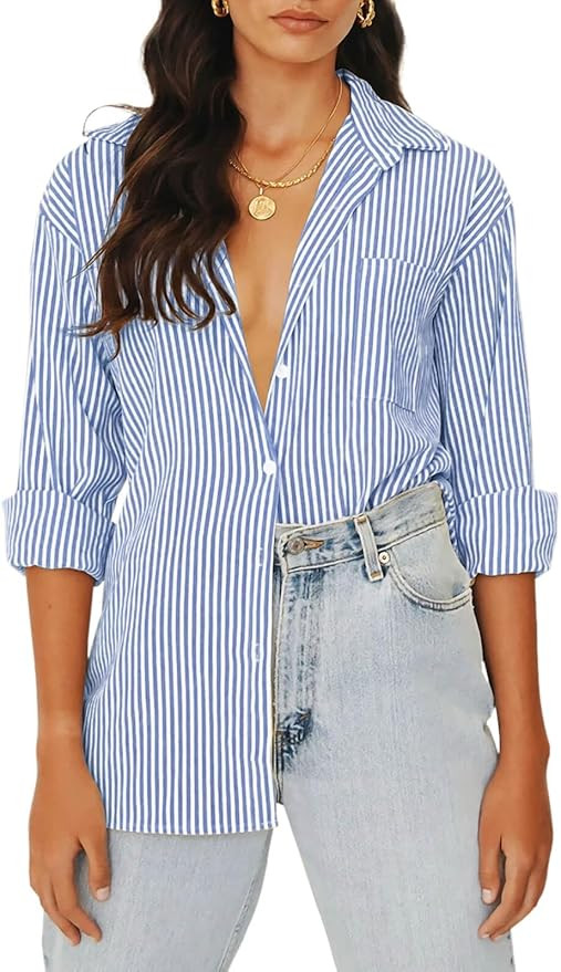 Women's Blouses Striped Long Sleeve Shirts Button Down Loose Fit Casual Tops | Amazon (US)