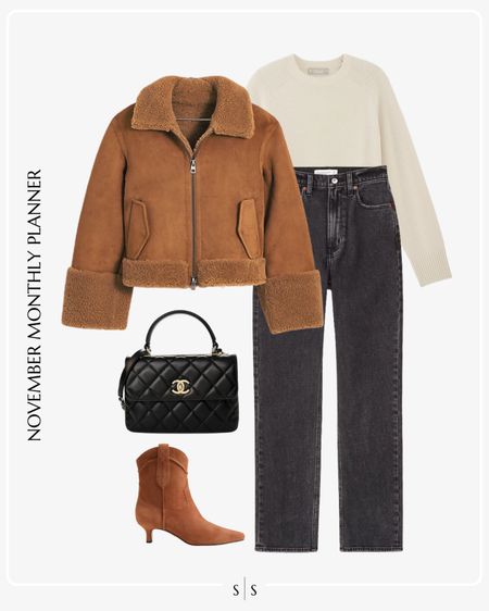 Monthly outfit planner: NOVEMBER Fall and Winter looks |  Shearling jacket, crewneck sweater, straight black jeans. Brown western booties, black handbag 

See the entire calendar on thesarahstories.com ✨

#LTKstyletip