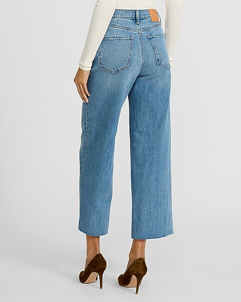 High Waisted Medium Wash Raw Hem Wide Leg Ankle Jeans | Express