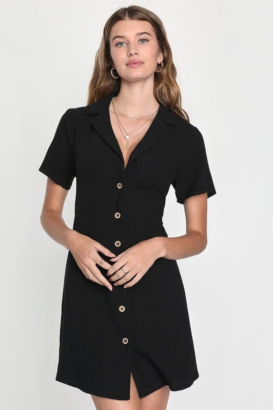 Central Park Sweetie Black Linen Collared Button-Up Mini Dress | Lulus (US)