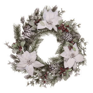 Winter Poinsettia and Berry Artificial Christmas Wreath, 24-Inch, Unlit | Christmas Central