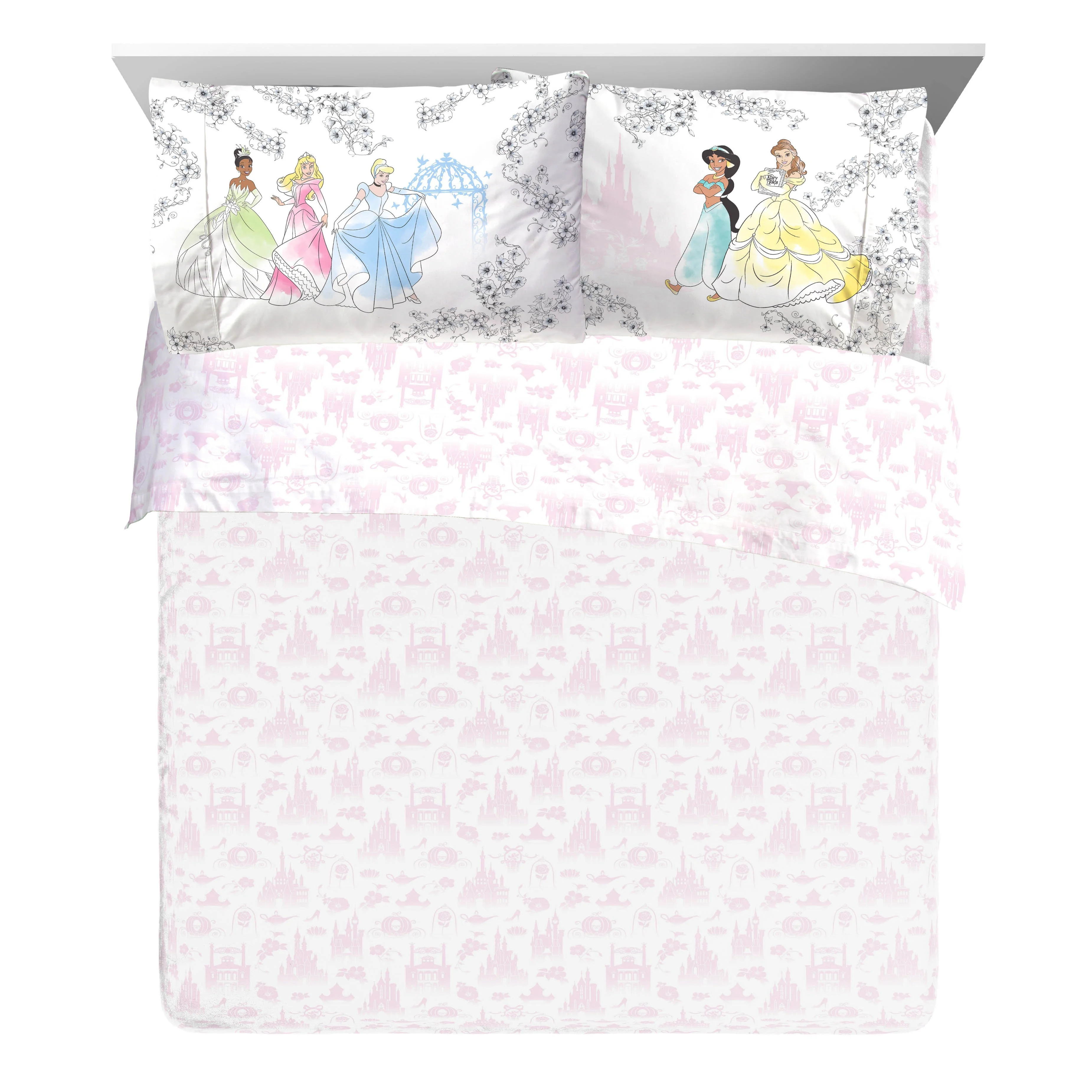 Princess Floral Gardens 4-Piece Full Sheet Set, Polyester, Pink & White, Disney | Walmart (US)