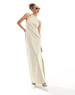 Lioness halterneck low back maxi dress in beige | ASOS (Global)