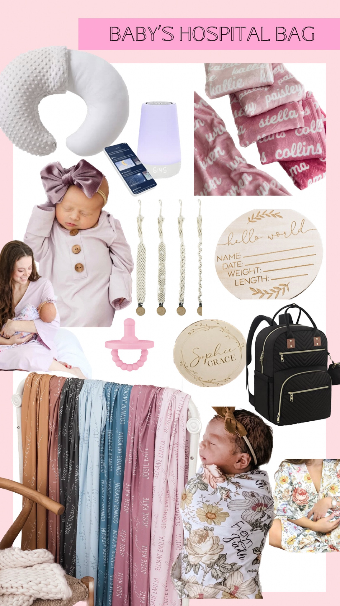 Baby’s hospital bag baby girl personalized swaddled pack clips sound machine diaper bag 